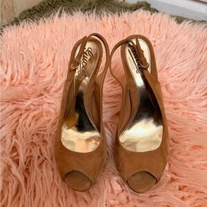 Gucci Tan Peep Toe Slingback Heels